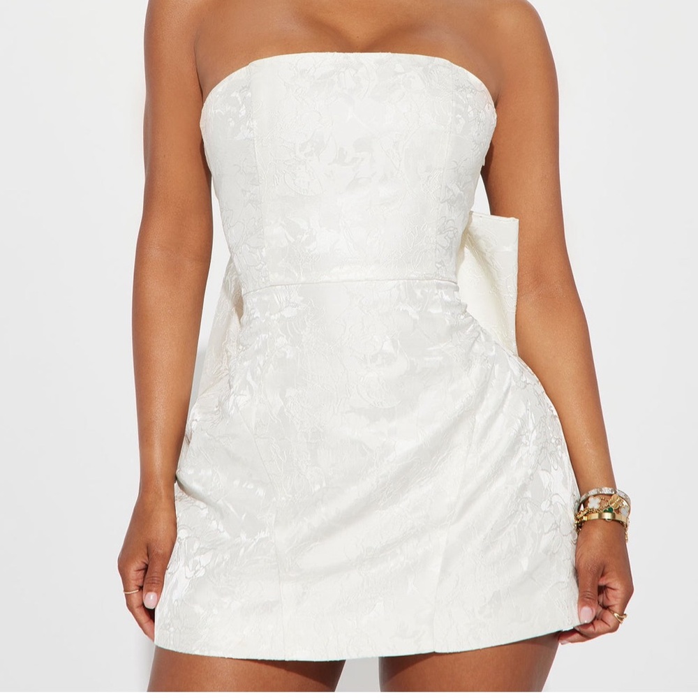Strapless White Jacquard Fit & Flare Dress